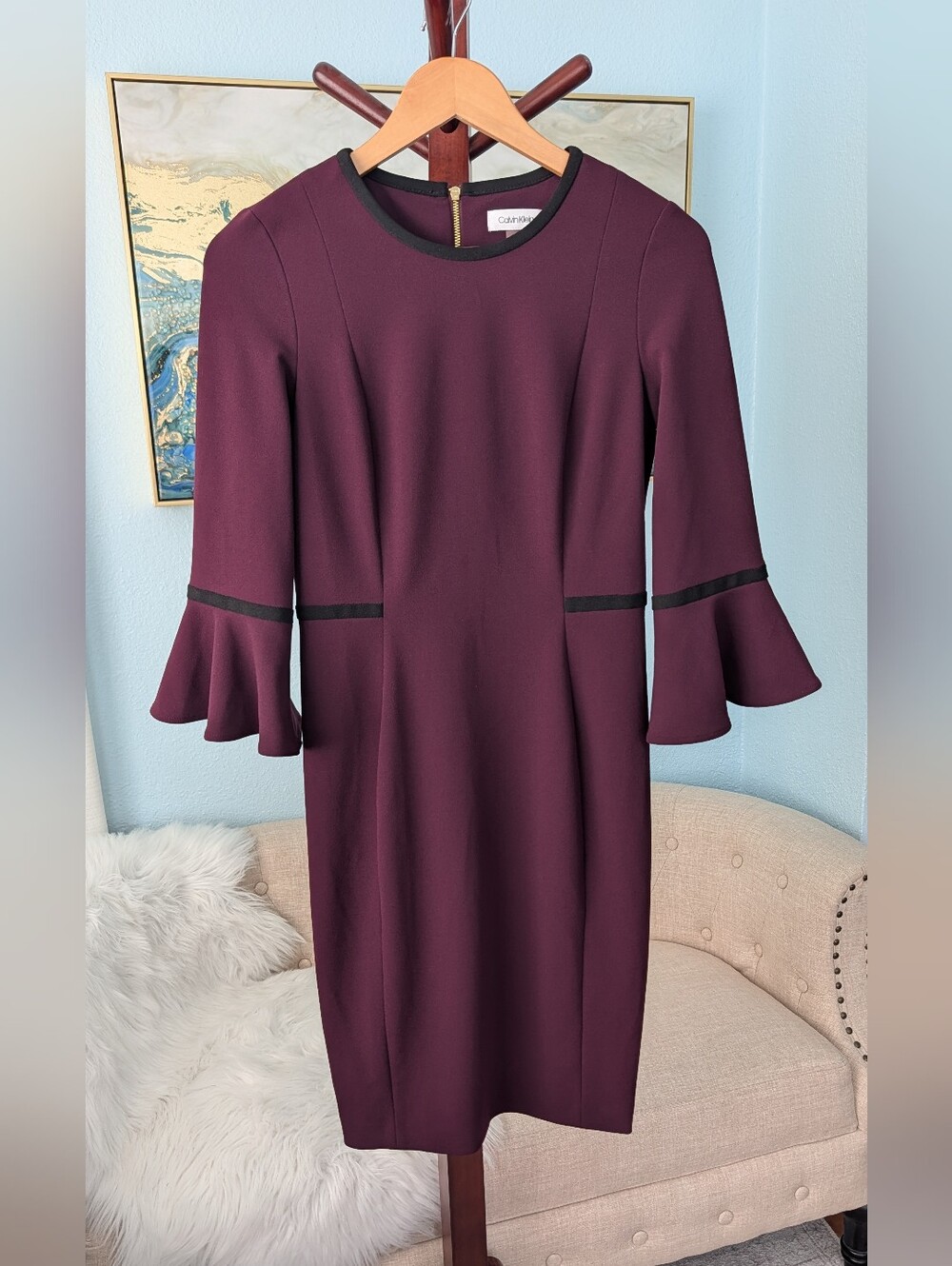 Calvin Klein Dress Bell Sleeve Gold Zipper Woman's Sz 4 . - Picture 3 of 12